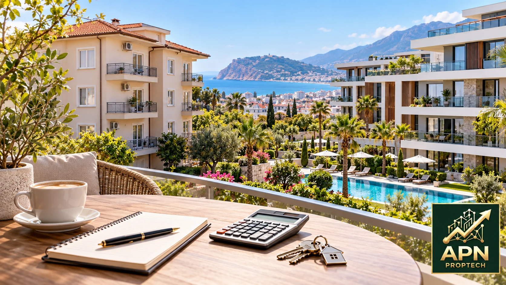Basit bir apartman ile havuzlu sitenin kavramsal karşılaştırması; hesap makinesi, anahtarlar ve APN logosu